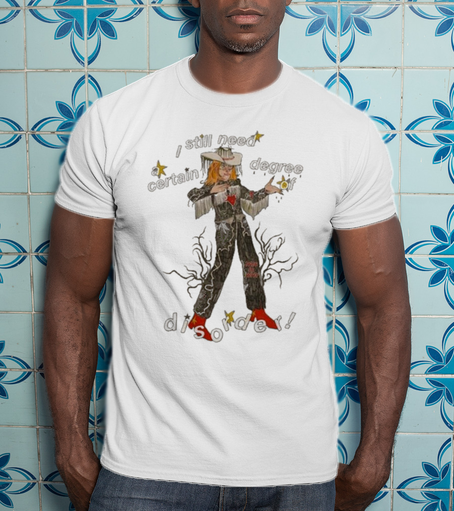 Cowboy Hayley I Still Need A Certain Degree Of Disorder Star Motif Western Outfit White Cowboy Hat Fringe Red Boots T-Shirt