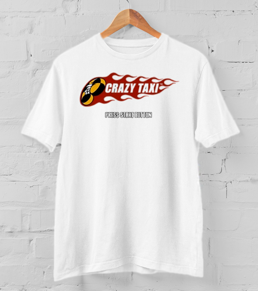 Crazy Taxi Press Start Button Iconic Video Game Flames Graphic T-Shirt