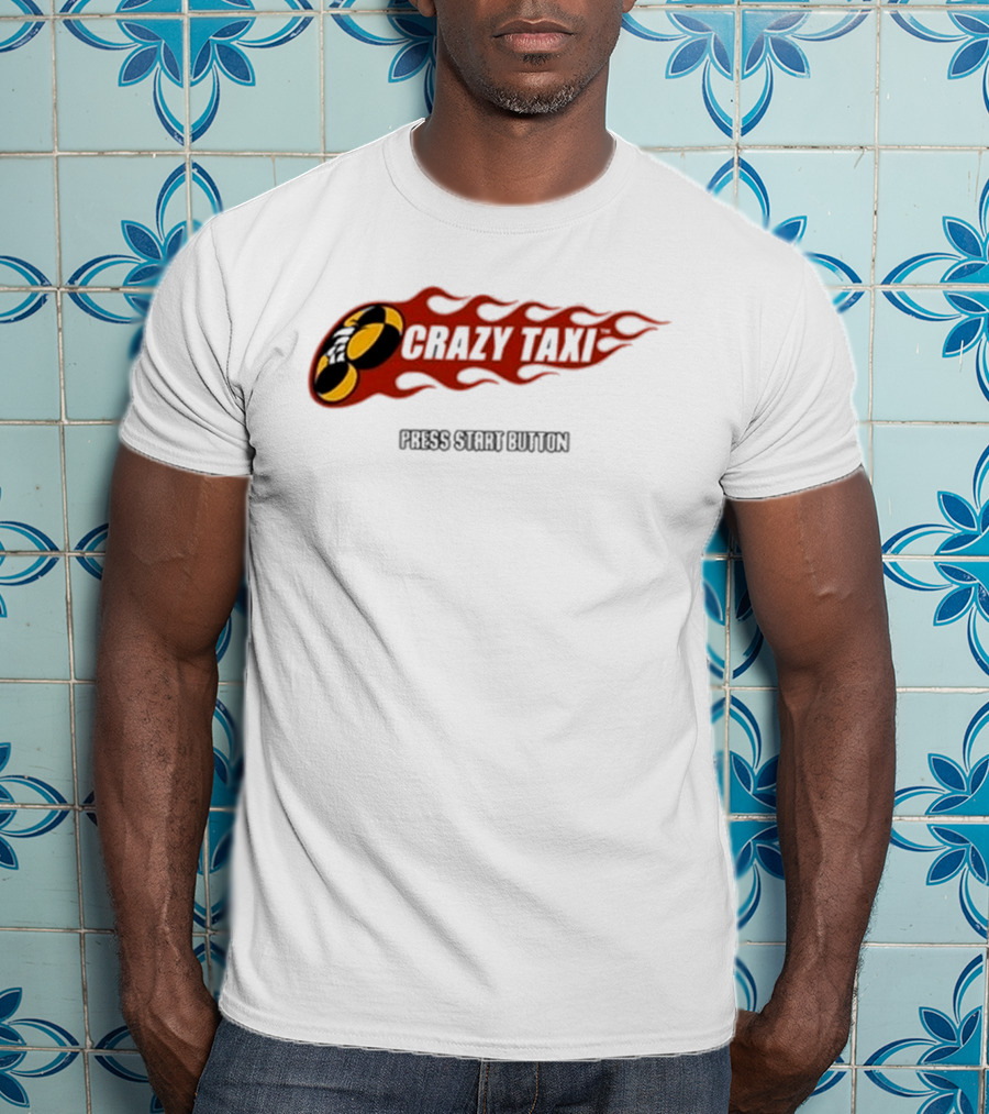 Crazy Taxi Press Start Button Iconic Video Game Flames Graphic T-Shirt