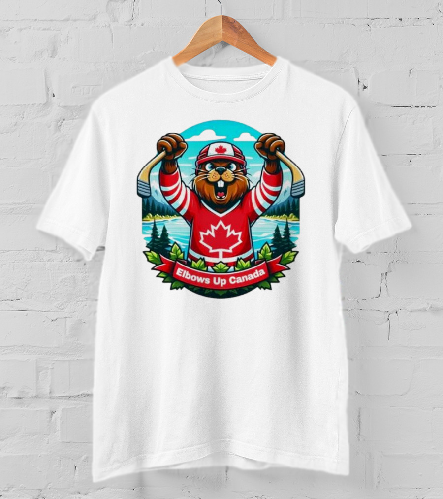 Elbows Up Canada Beaver Mascot Hockey Celebration Canadian Maple Leaf Forest T-Shirt