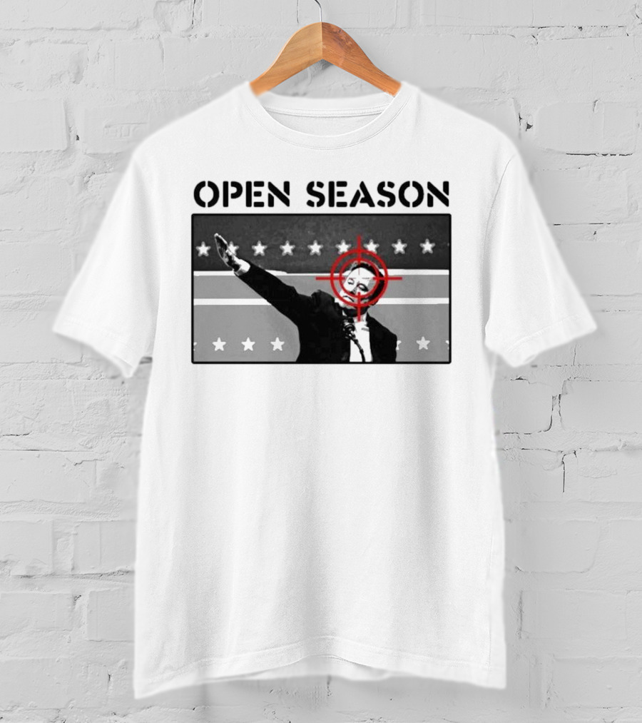 Unrecognizable Figure With Target Overlay Open Season Text T-Shirt