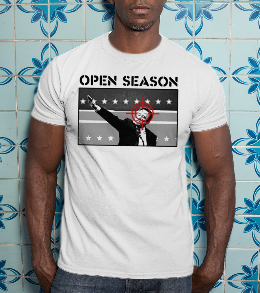 Unrecognizable Figure With Target Overlay Open Season Text T-Shirt