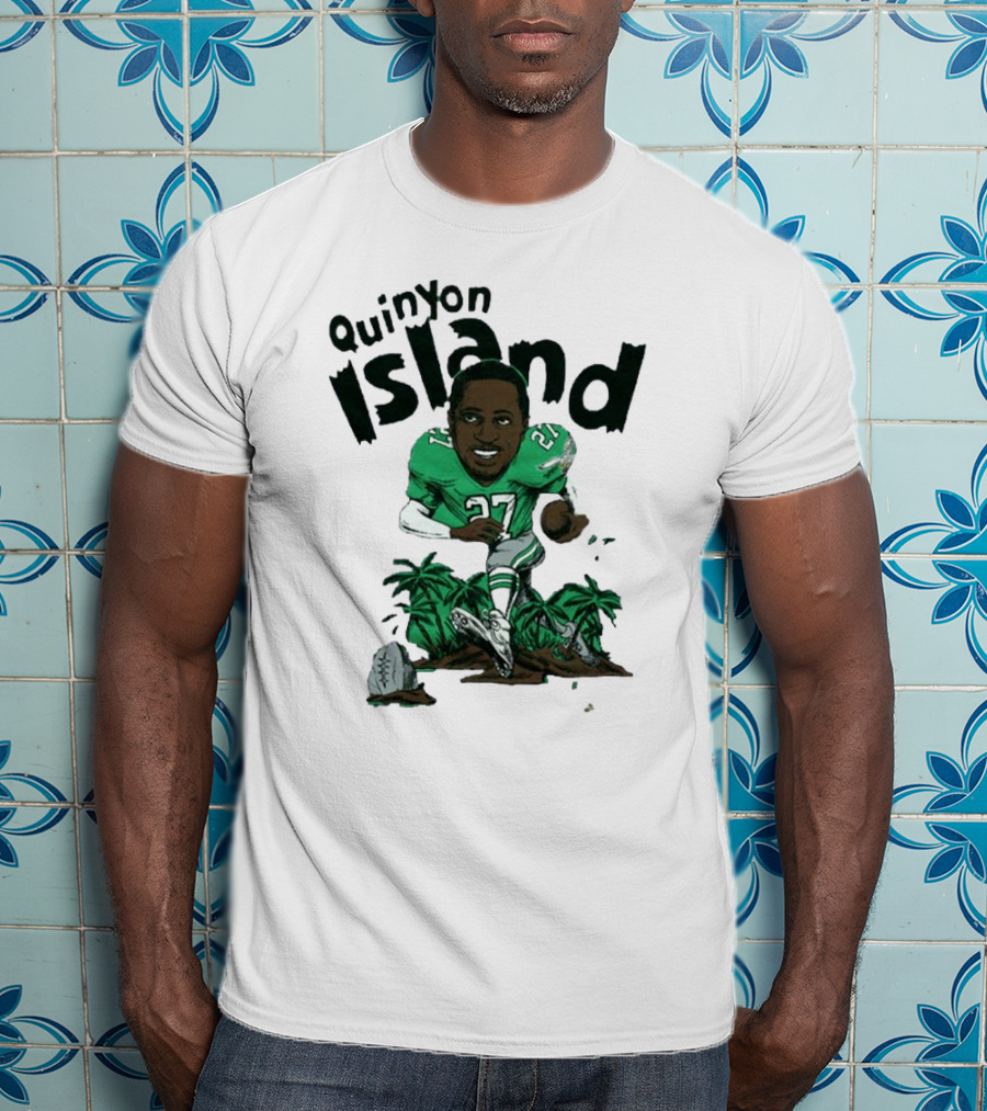 Quinyon Island Eagle 27 Football Player Running With Palm Trees And Rocks T-Shirt