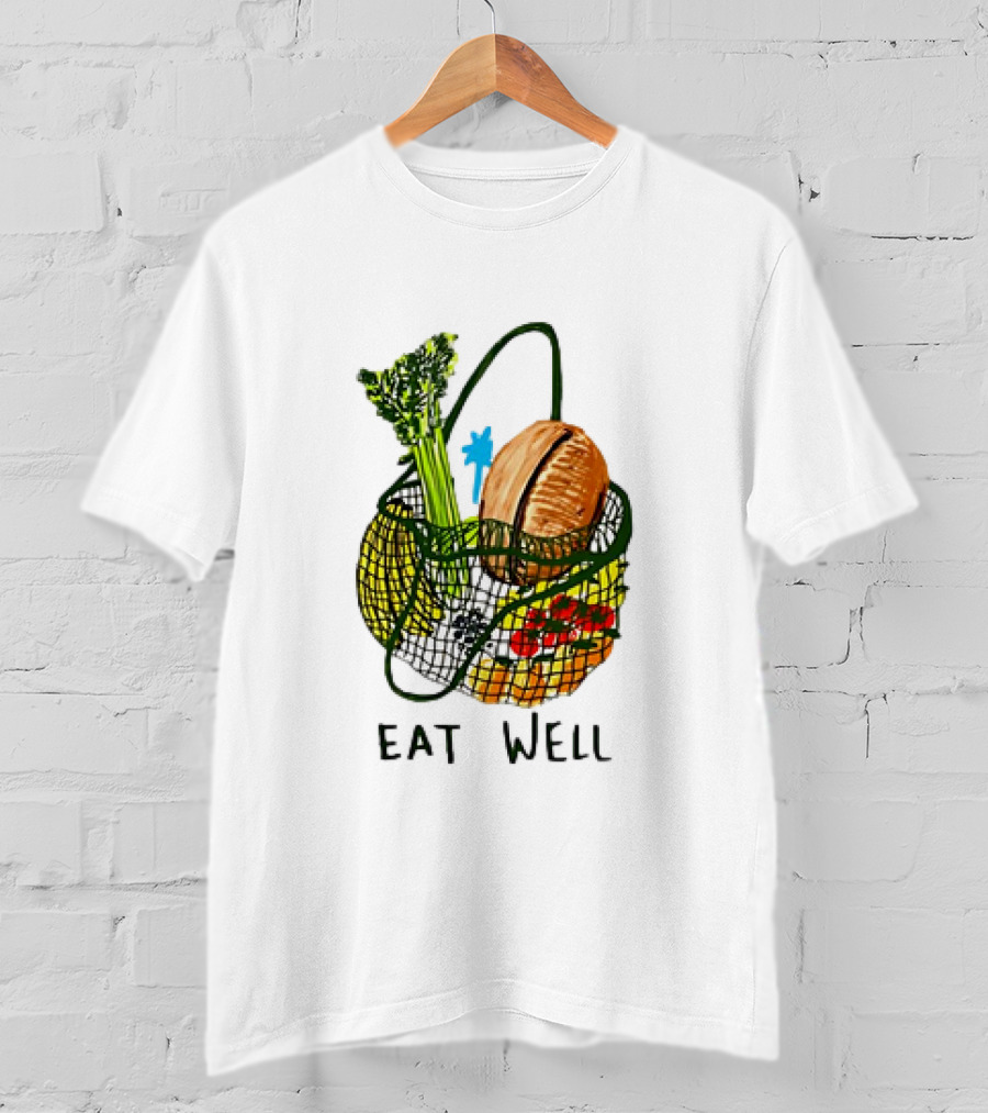 Eat Well Groceries In Mesh Bag With Baguette Broccoli Tomato T-Shirt