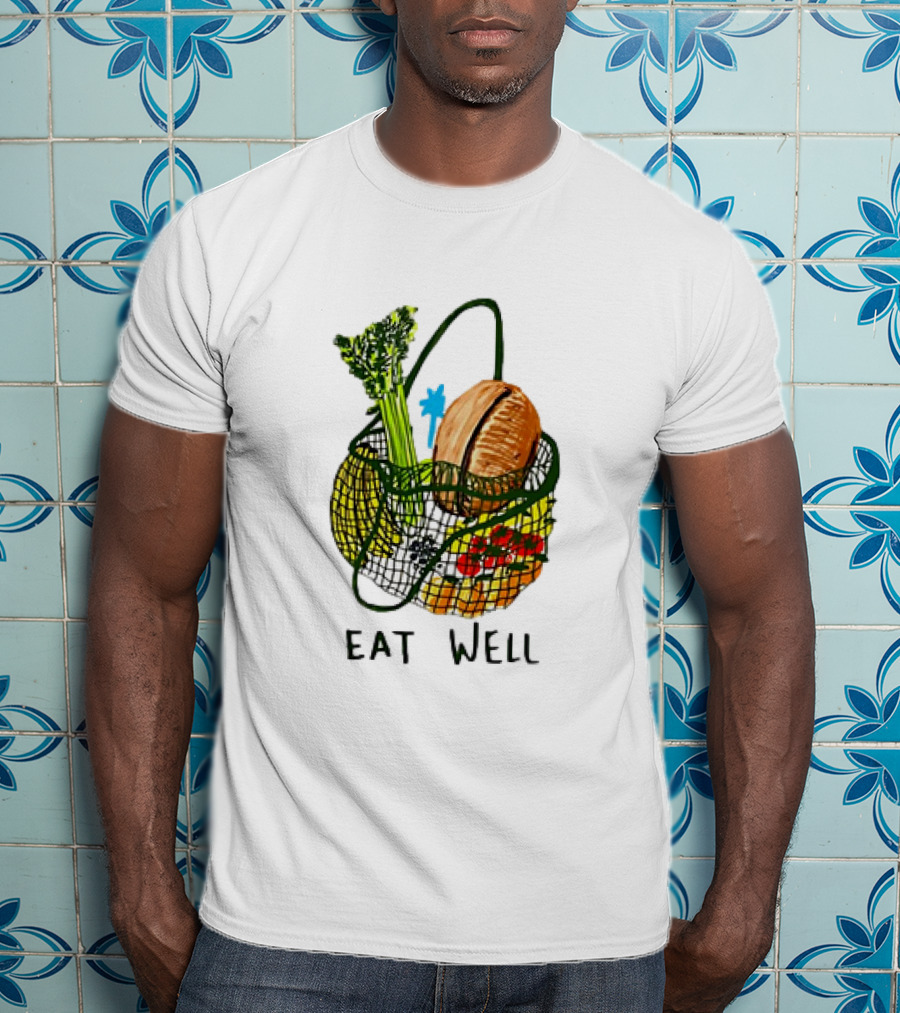 Eat Well Groceries In Mesh Bag With Baguette Broccoli Tomato T-Shirt