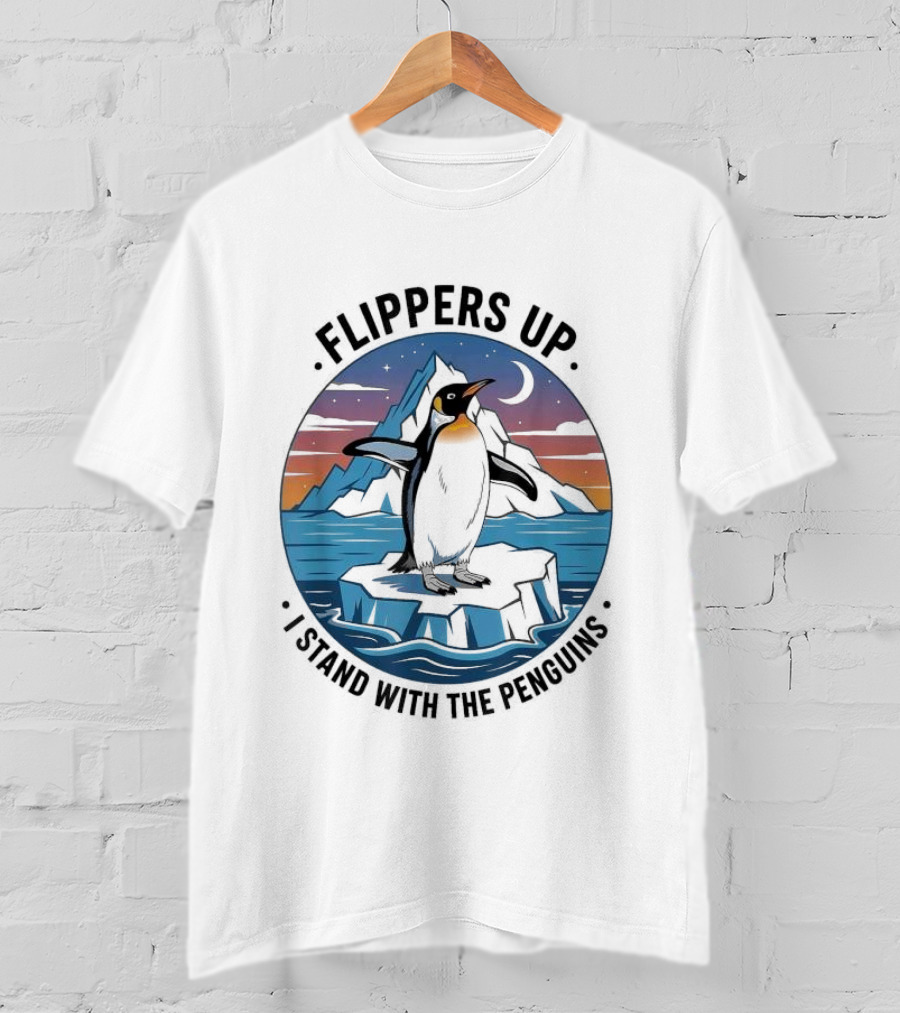 Flippers Up I Stand With The Penguins Iceberg Sunset Scene T-Shirt