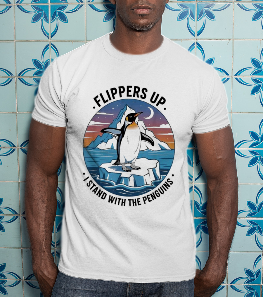 Flippers Up I Stand With The Penguins Iceberg Sunset Scene T-Shirt