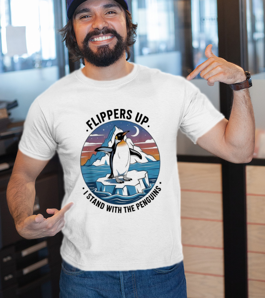 Flippers Up I Stand With The Penguins Iceberg Sunset Scene T-Shirt