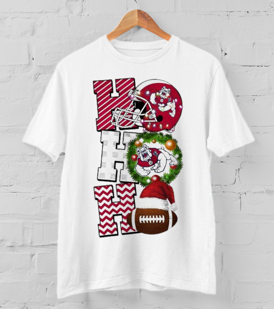 Fresno State Bulldogs Football Christmas Helmet Wreath Santa Hat Rugby T-Shirt