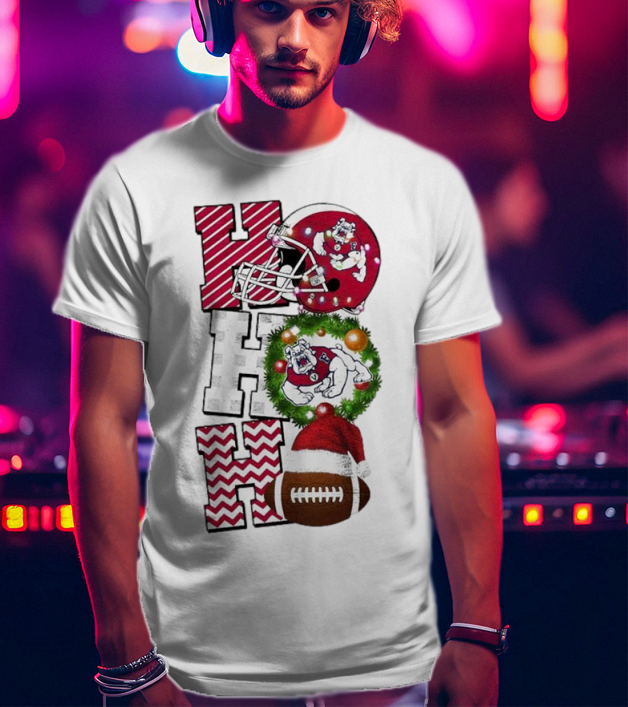 Fresno State Bulldogs Football Christmas Helmet Wreath Santa Hat Rugby T-Shirt