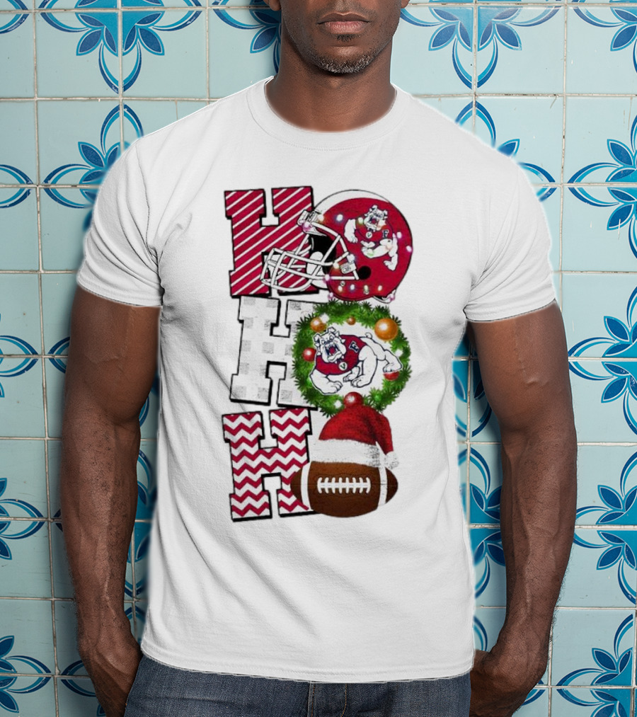 Fresno State Bulldogs Football Christmas Helmet Wreath Santa Hat Rugby T-Shirt