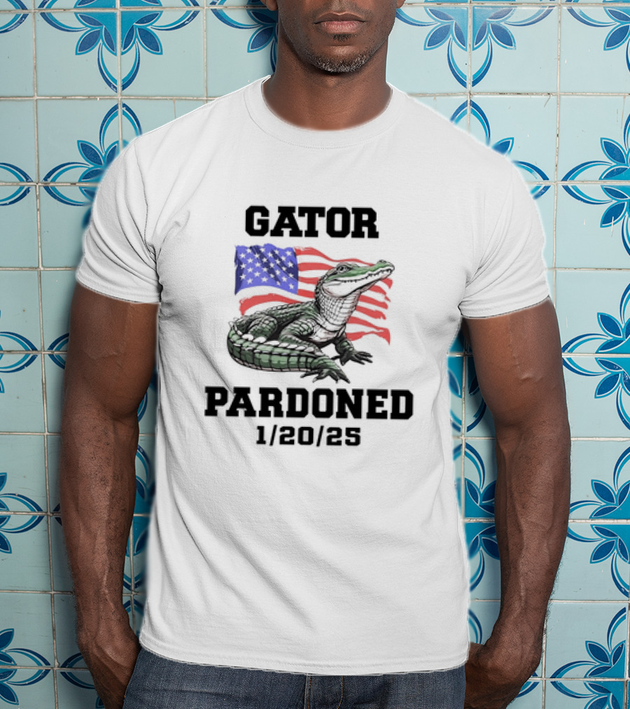 Gator Pardoned 1 20 25 USA Flag American Alligator T-Shirt