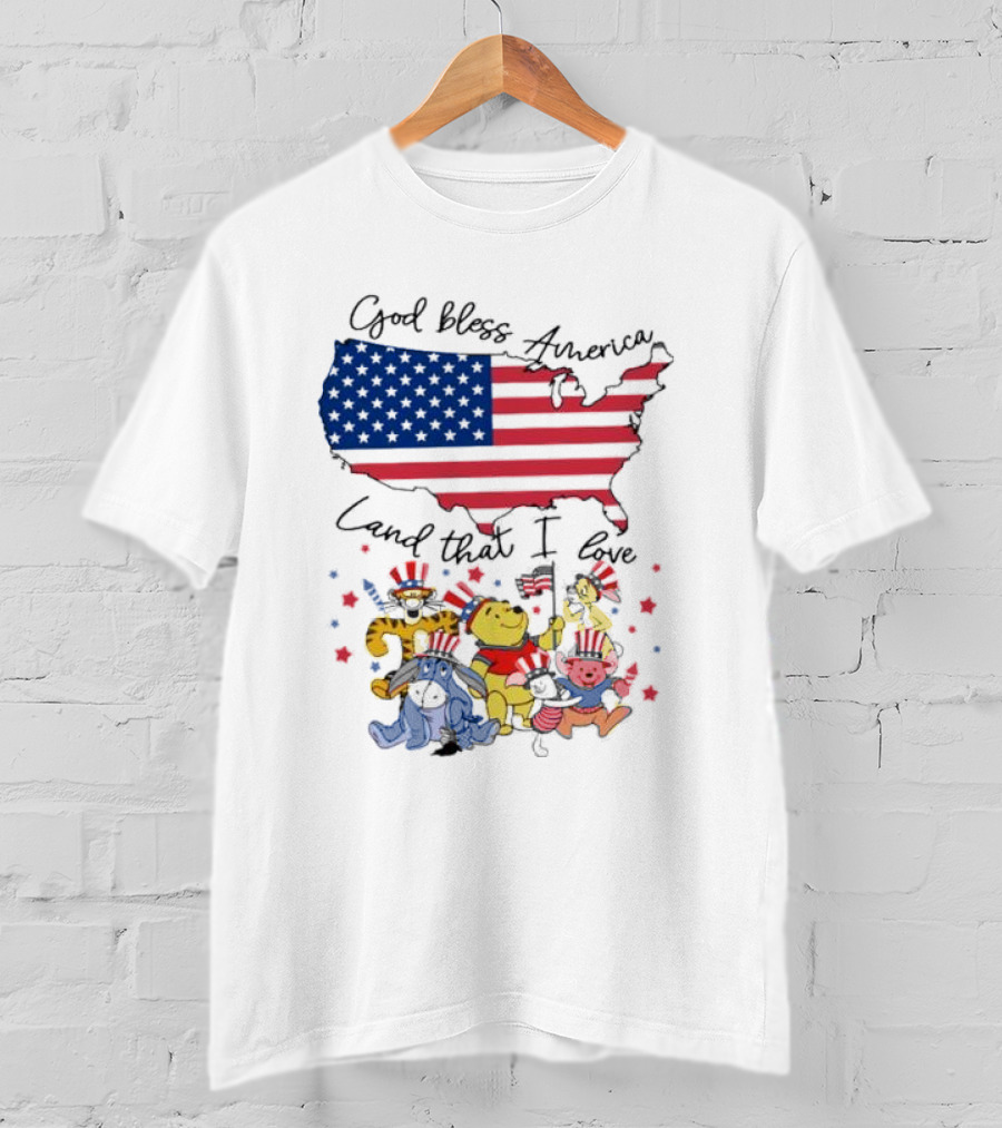 God Bless America Land That I Love Winnie The Pooh USA Flag T-Shirt