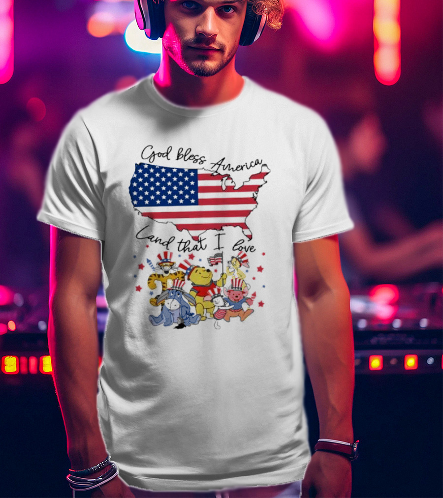 God Bless America Land That I Love Winnie The Pooh USA Flag T-Shirt