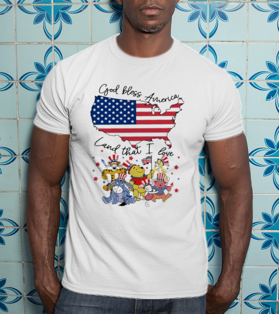 God Bless America Land That I Love Winnie The Pooh USA Flag T-Shirt