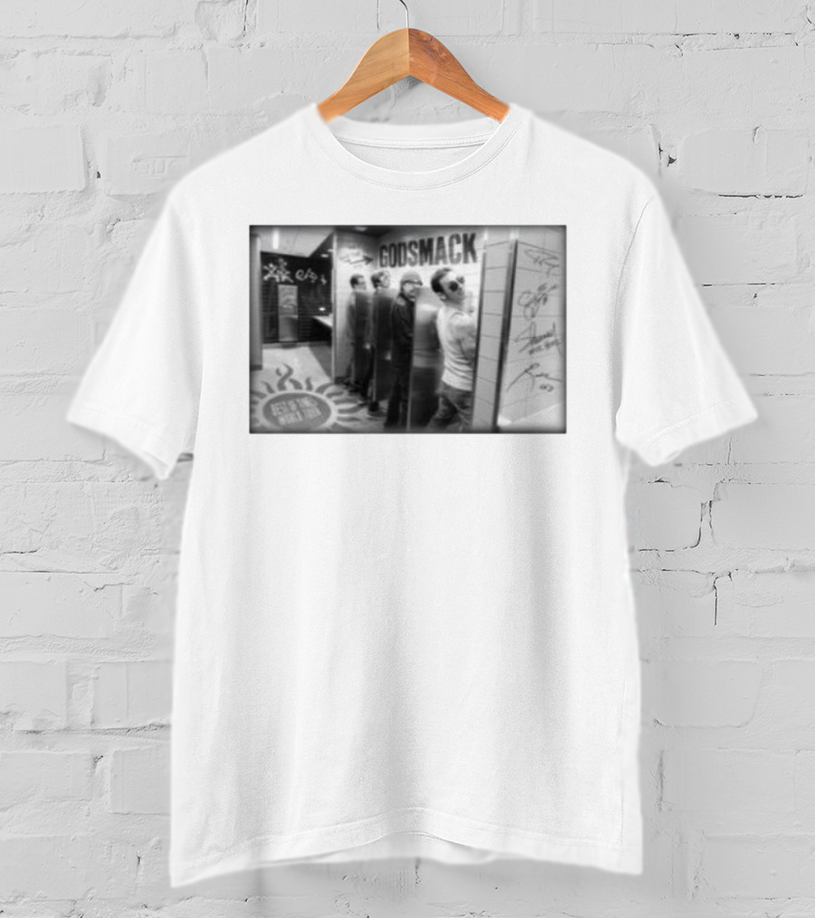 Godsmack Band Autographed Bathroom Photo With Guitar And Sun Symbol T-Shirt