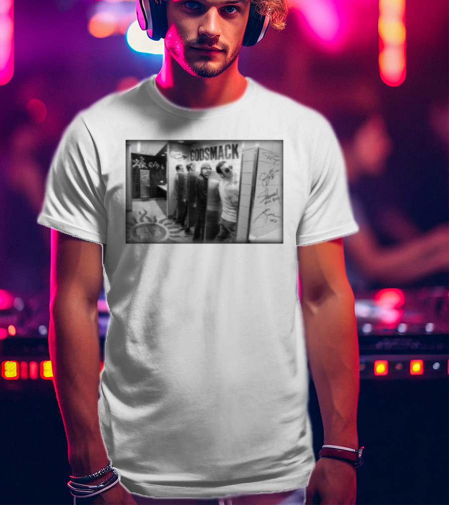 Godsmack Band Autographed Bathroom Photo With Guitar And Sun Symbol T-Shirt