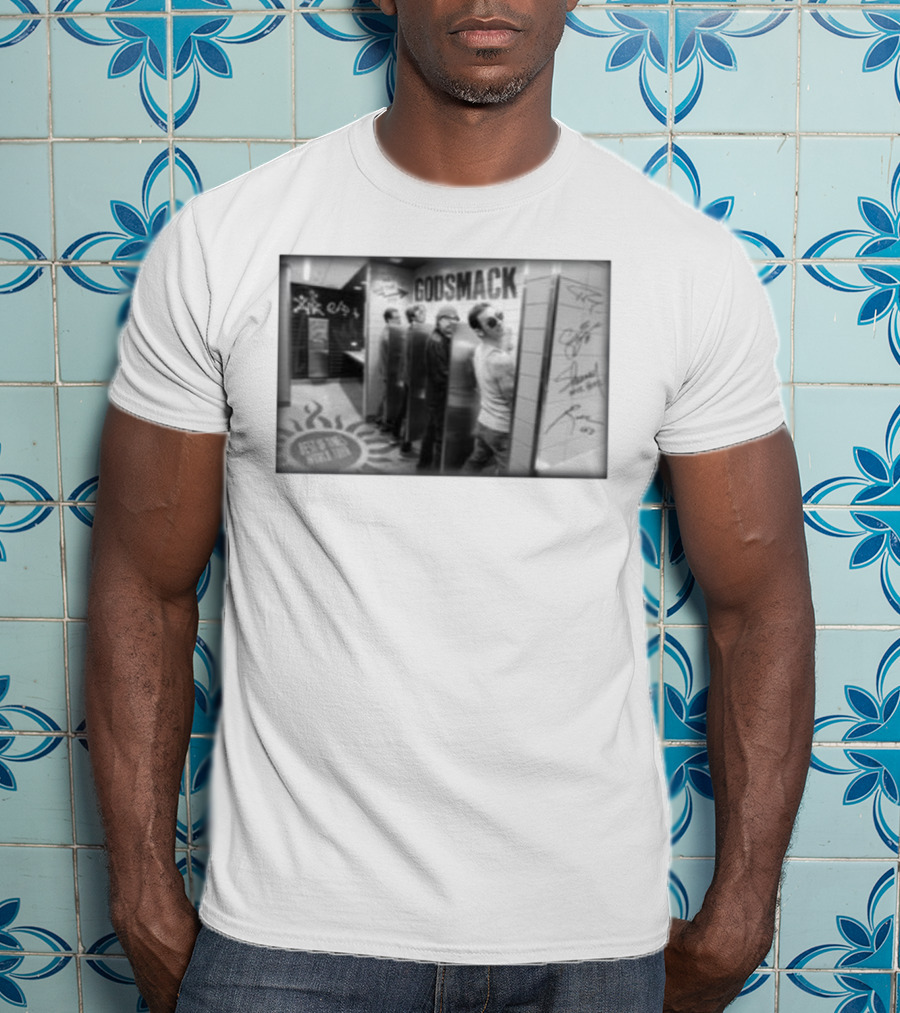 Godsmack Band Autographed Bathroom Photo With Guitar And Sun Symbol T-Shirt