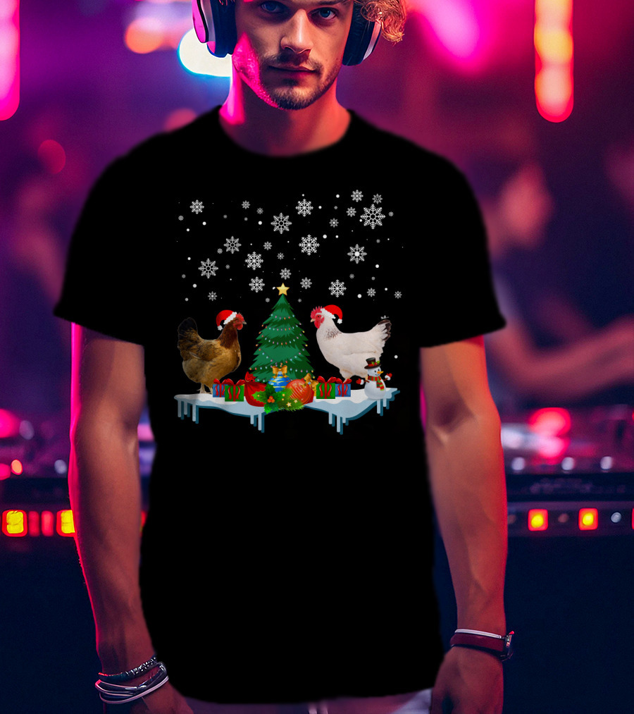 Chicken Merry Christmas Snowflake Festive Scene T-Shirt