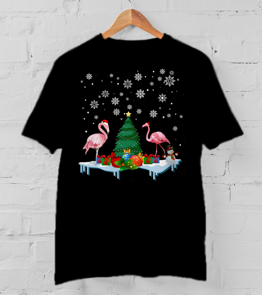 Flamingo Merry Snowflakes Christmas Tree And Santa Hat T-Shirt