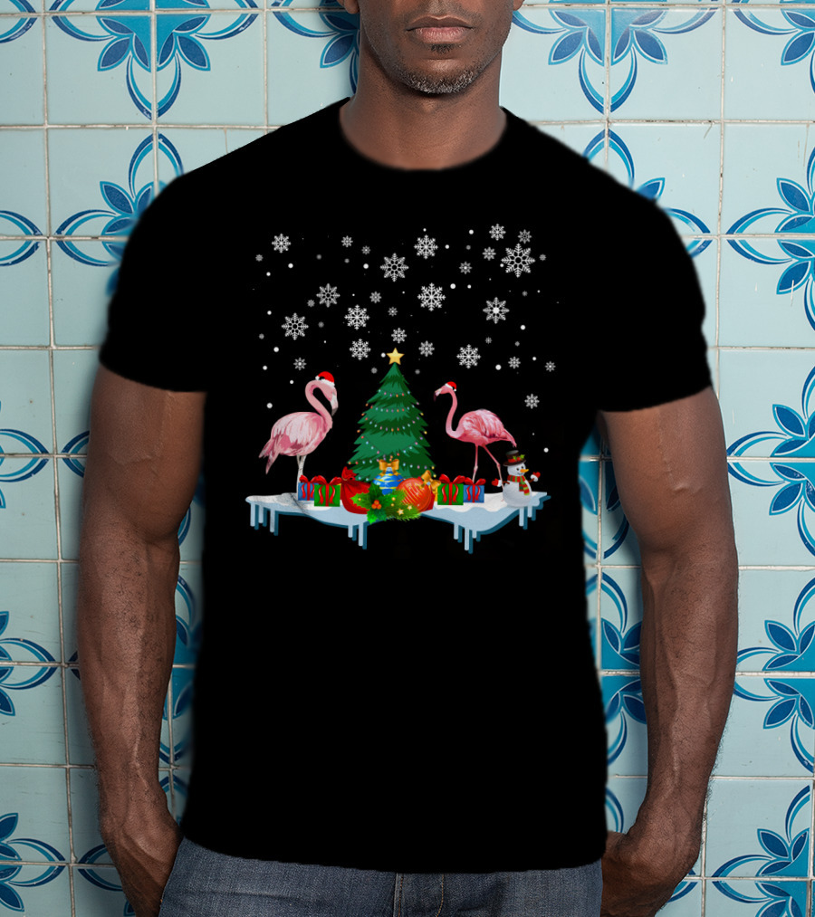 Flamingo Merry Snowflakes Christmas Tree And Santa Hat T-Shirt