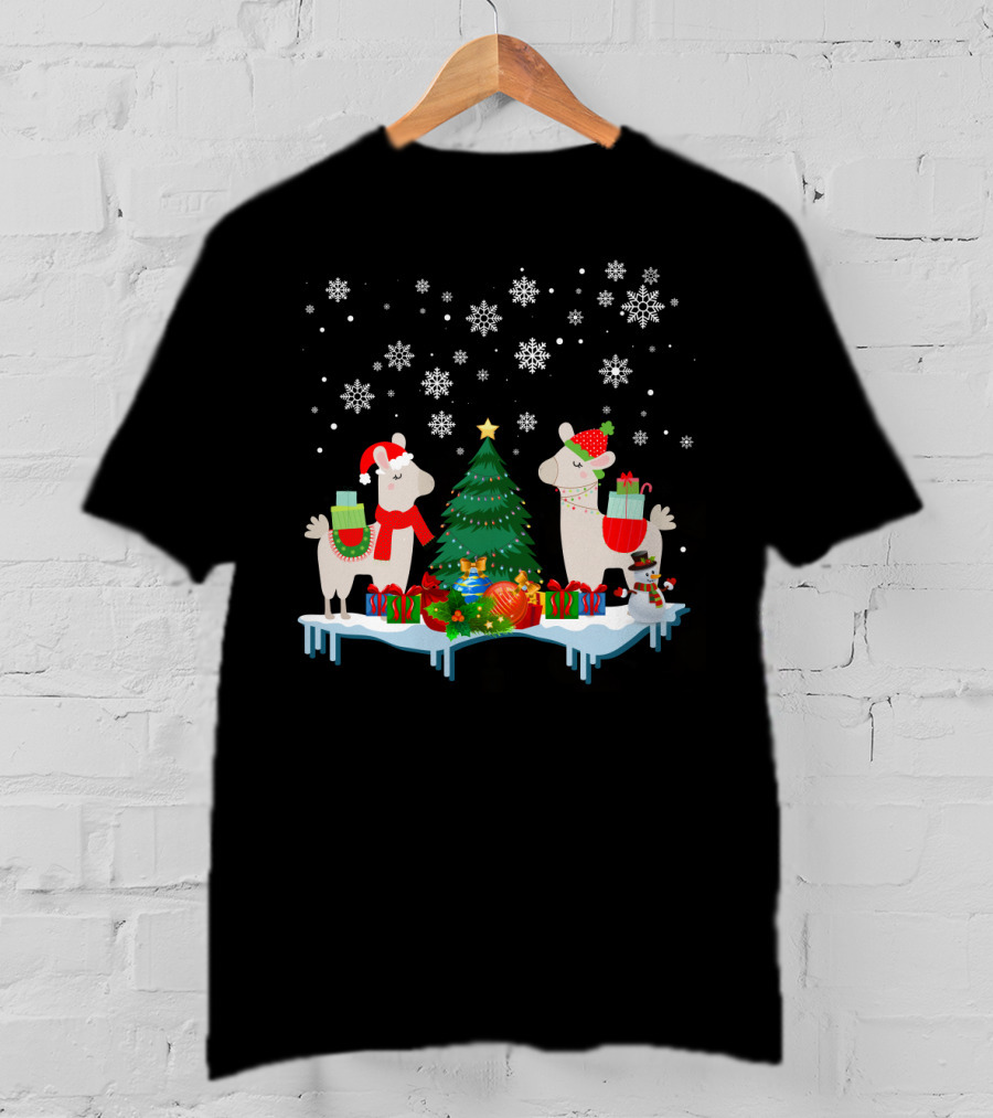 Llamas Merry Christmas Snowflakes Presents Tree T-Shirt