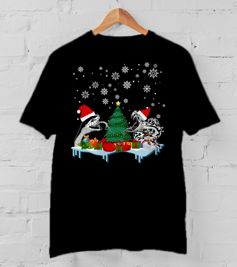 Snake Merry Christmas Snowflakes Santa Hats Holiday Scene T-Shirt