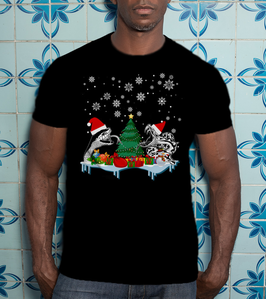 Snake Merry Christmas Snowflakes Santa Hats Holiday Scene T-Shirt