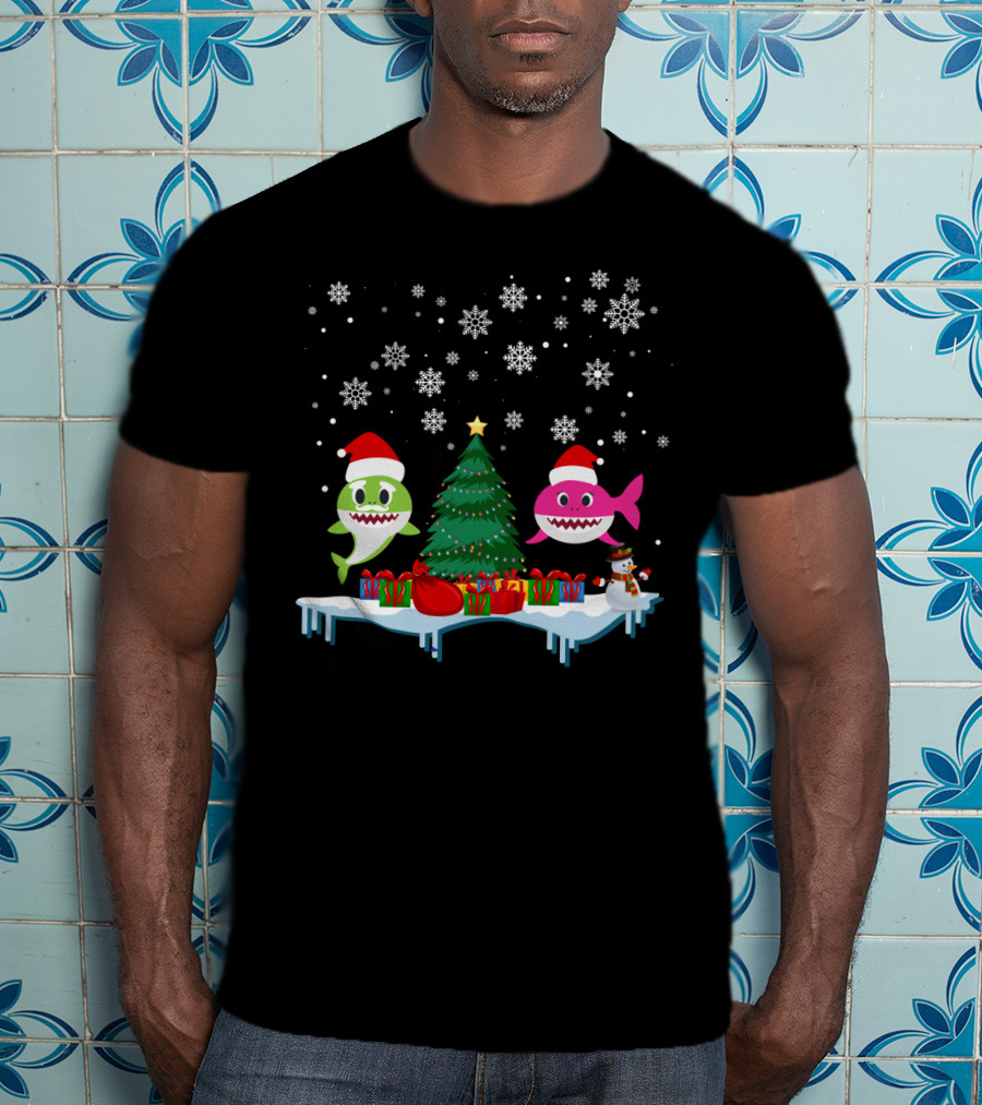 Baby Shark Merry Christmas Tree Snowflakes Santa Hats Gifts T-Shirt