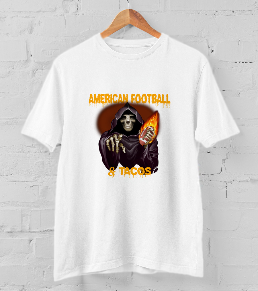 American Football And Tacos Skeleton Holding Flaming Football T-Shirt