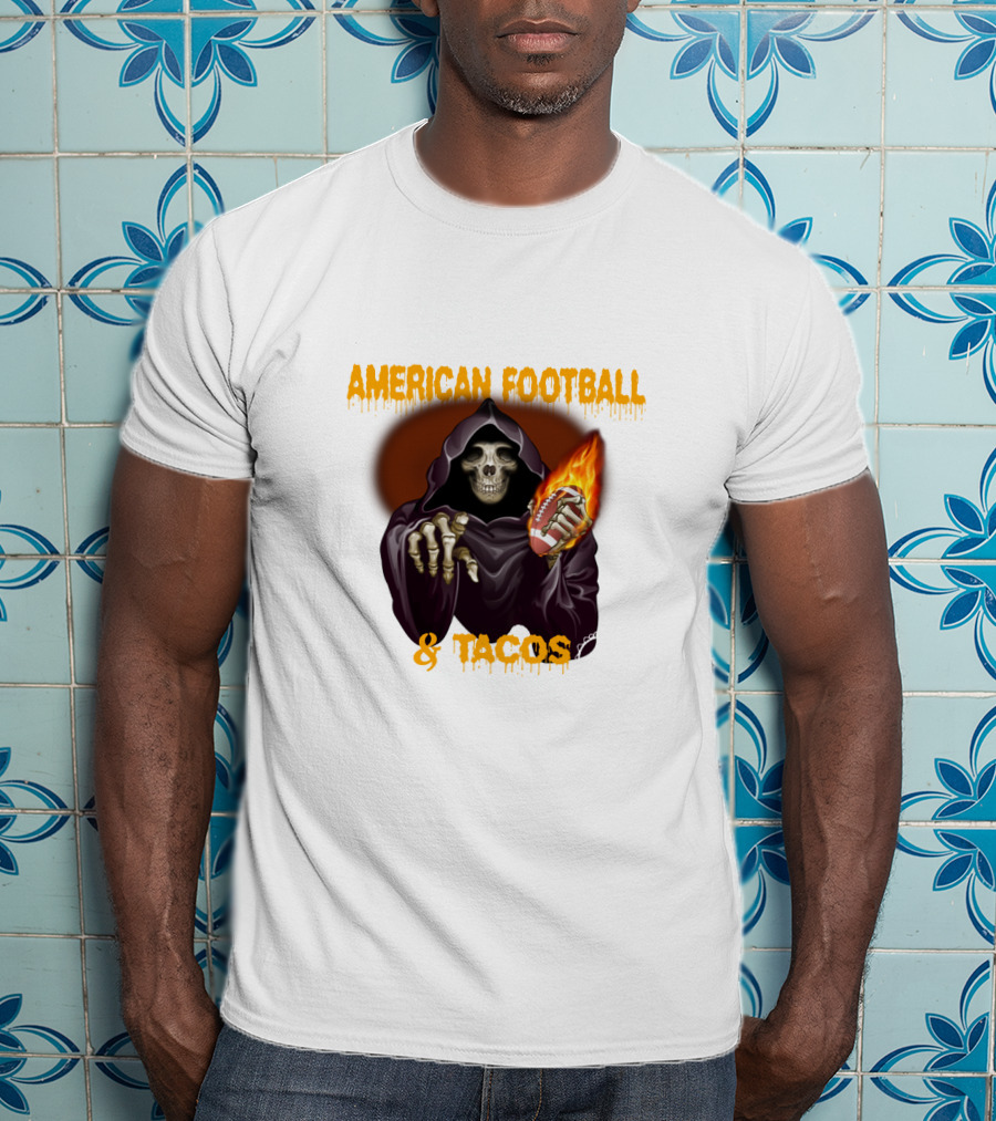 American Football And Tacos Skeleton Holding Flaming Football T-Shirt