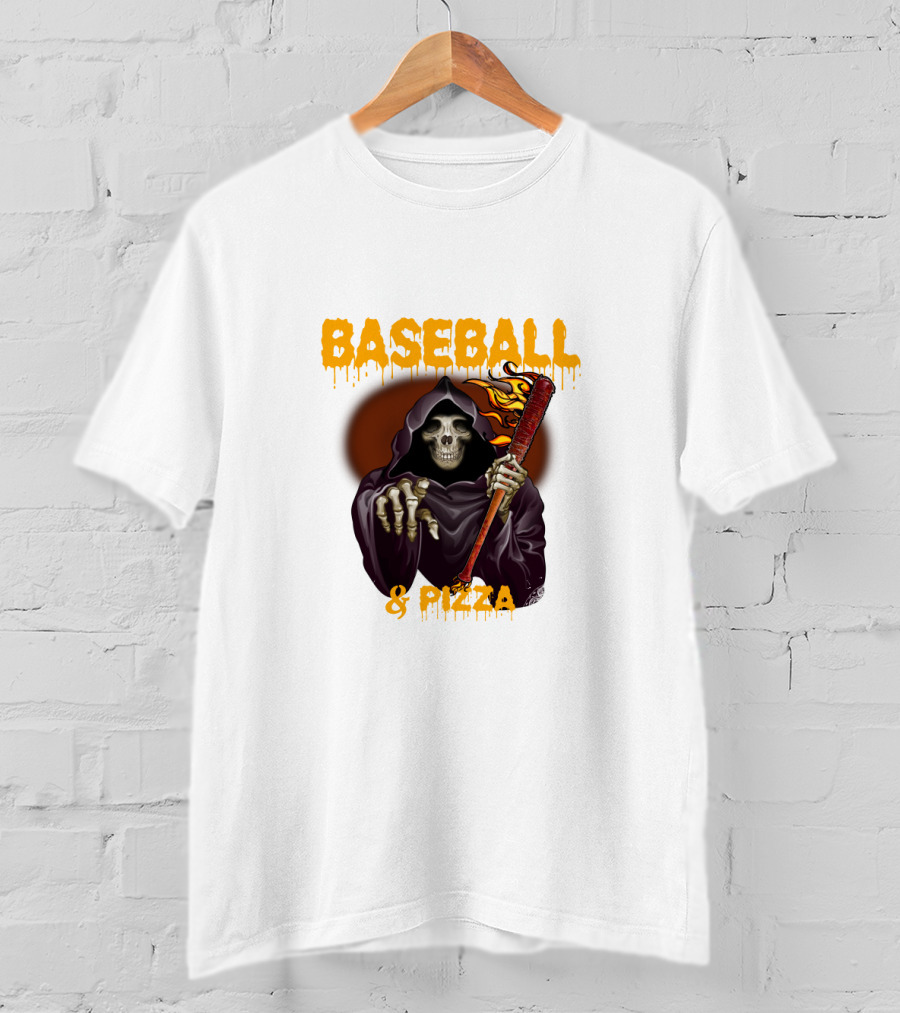 Grim Reaper With Flaming Baseball Bat Celebrates Baseball And Pizza T-Shirt