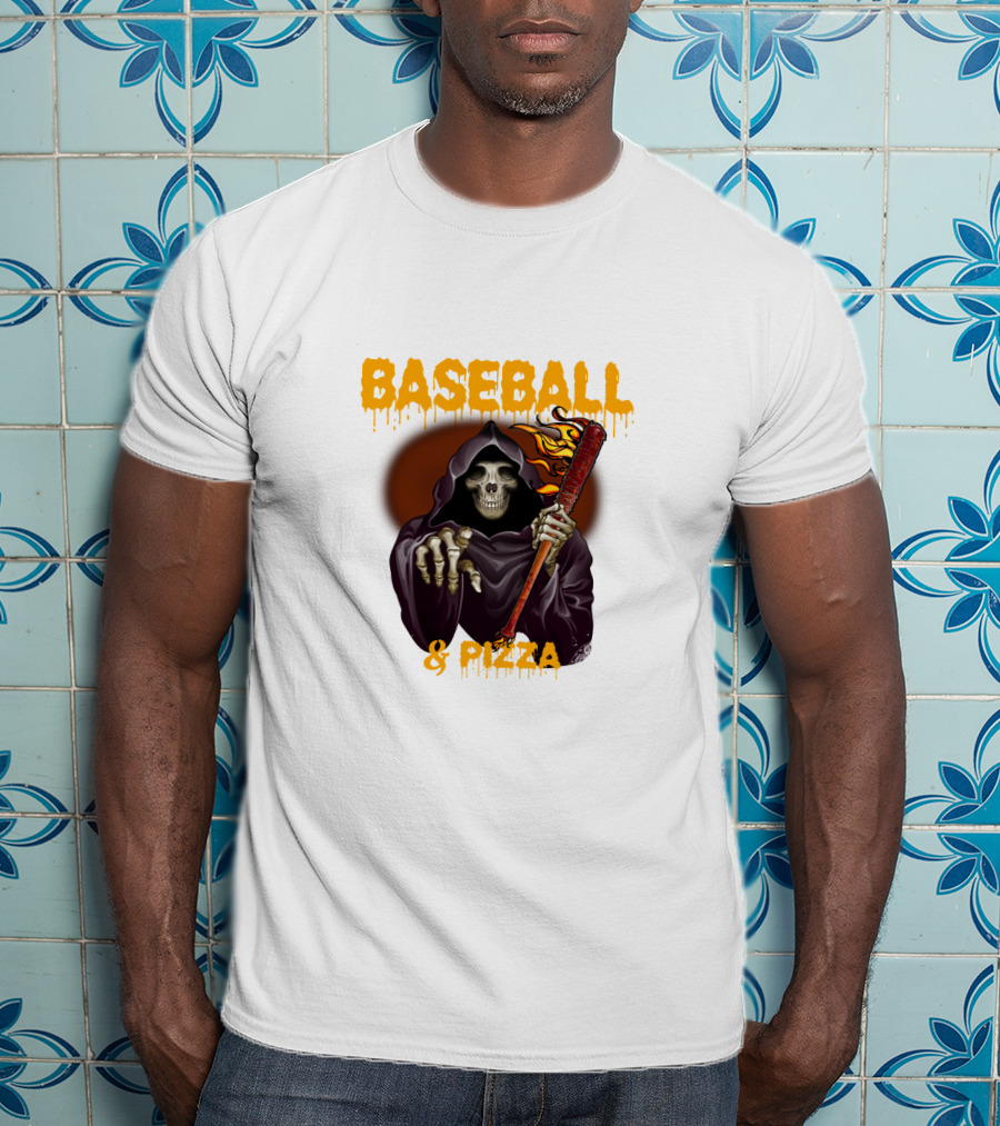 Grim Reaper With Flaming Baseball Bat Celebrates Baseball And Pizza T-Shirt