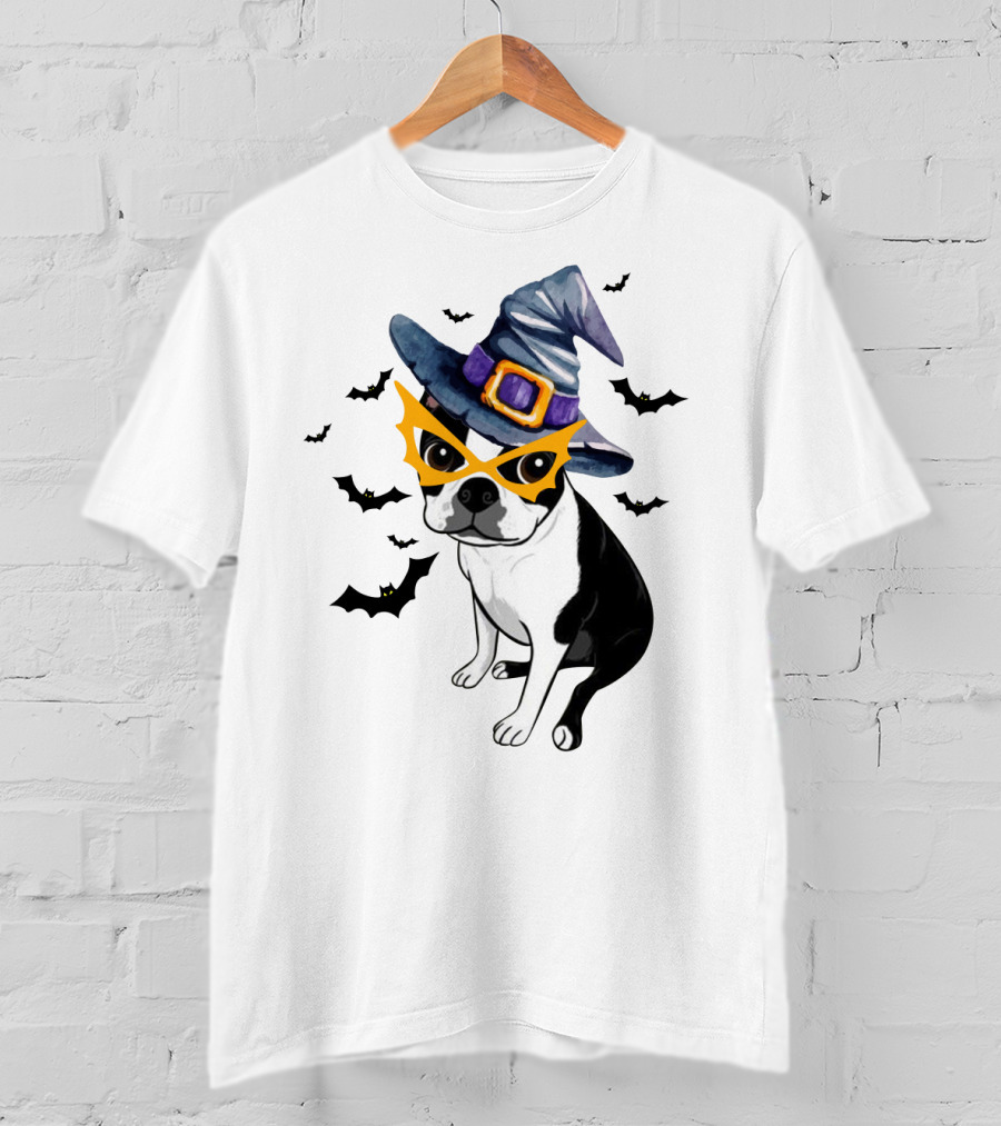 Boston Terrier Wears Witch Hat And Mask With Bats T-Shirt