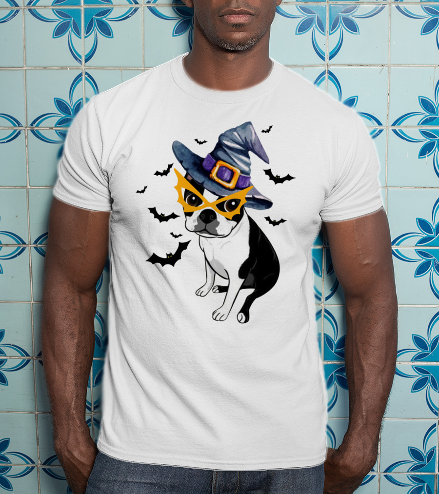 Boston Terrier Wears Witch Hat And Mask With Bats T-Shirt