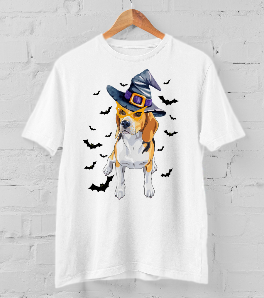 Beagle Wears Halloween Witch Hat Surrounded By Flying Bats T-Shirt