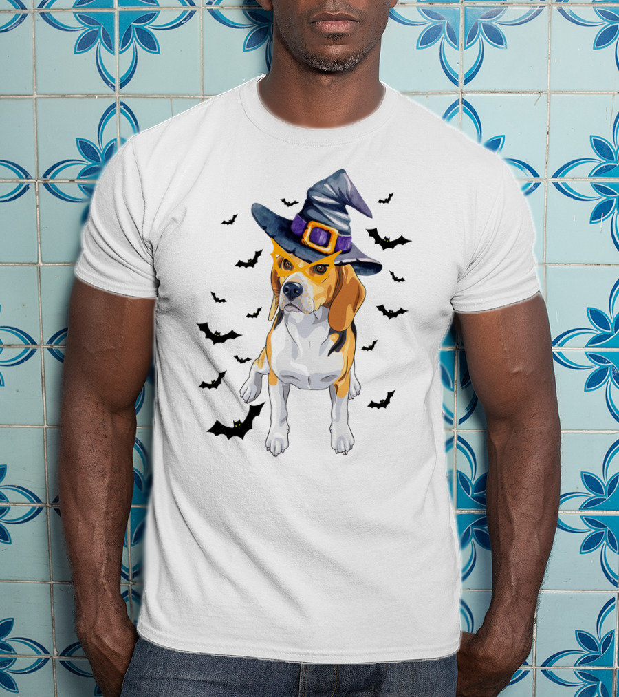 Beagle Wears Halloween Witch Hat Surrounded By Flying Bats T-Shirt