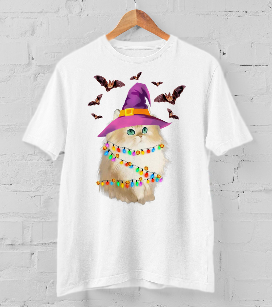 Fluffy Cat In Witch Hat With Halloween Bats And Colorful Christmas Lights T-Shirt