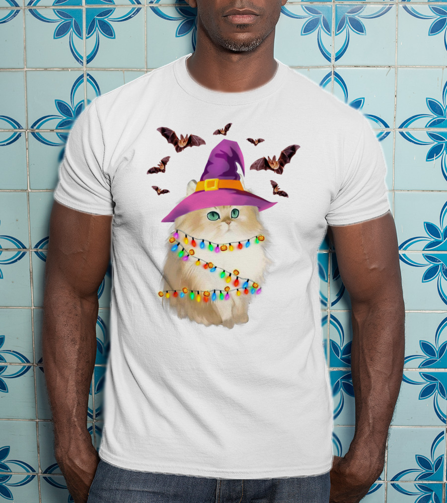 Fluffy Cat In Witch Hat With Halloween Bats And Colorful Christmas Lights T-Shirt
