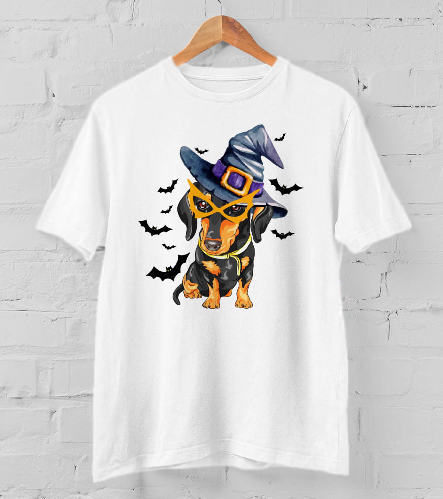 Dachshund Wears Witch Hat And Glasses Surrounded By Bats T-Shirt