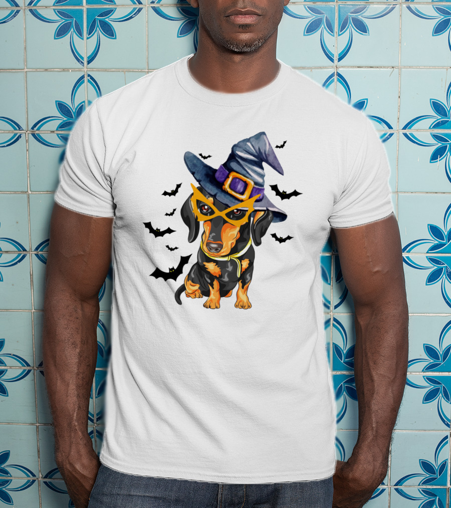 Dachshund Wears Witch Hat And Glasses Surrounded By Bats T-Shirt