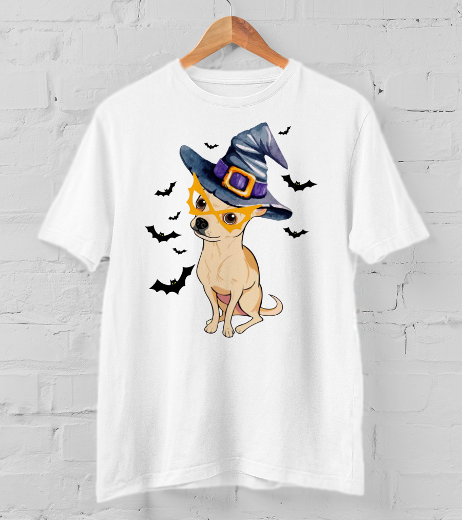 Chihuahua In Witch Hat With Halloween Bats T-Shirt