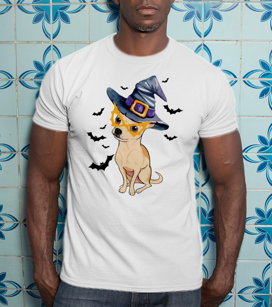Chihuahua In Witch Hat With Halloween Bats T-Shirt