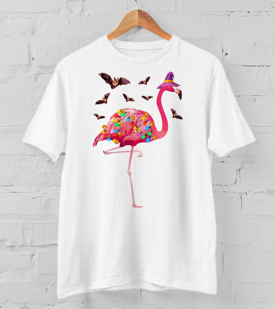 Flamingo In Witch Hat With Halloween Bats And Colorful Lights T-Shirt
