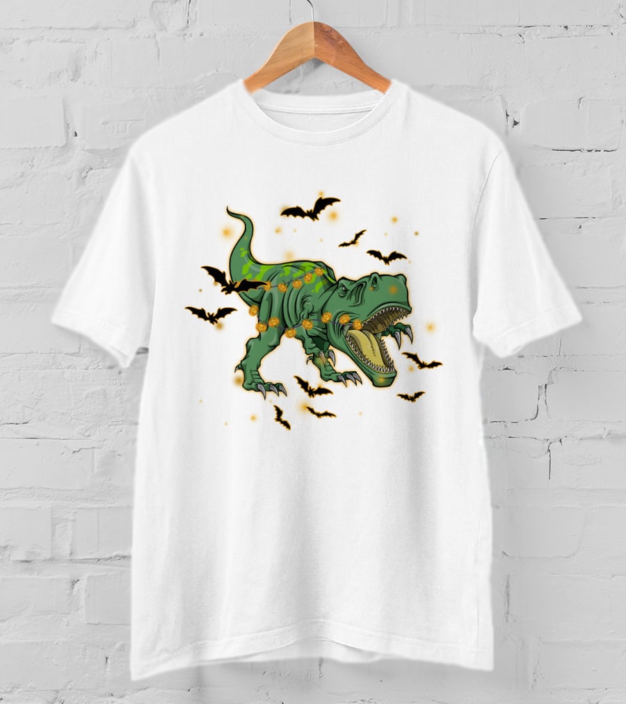 Halloween Saurus Dinosaur With Pumpkin Lights And Flying Bats T-Shirt