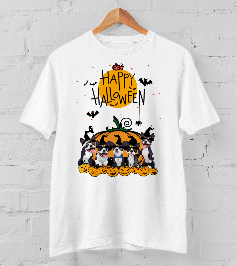 Happy Halloween Boston Terrier Pumpkin Bat T-Shirt