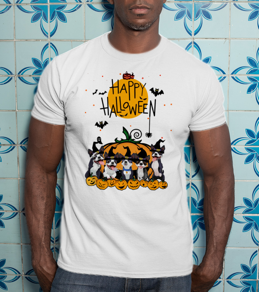 Happy Halloween Boston Terrier Pumpkin Bat T-Shirt
