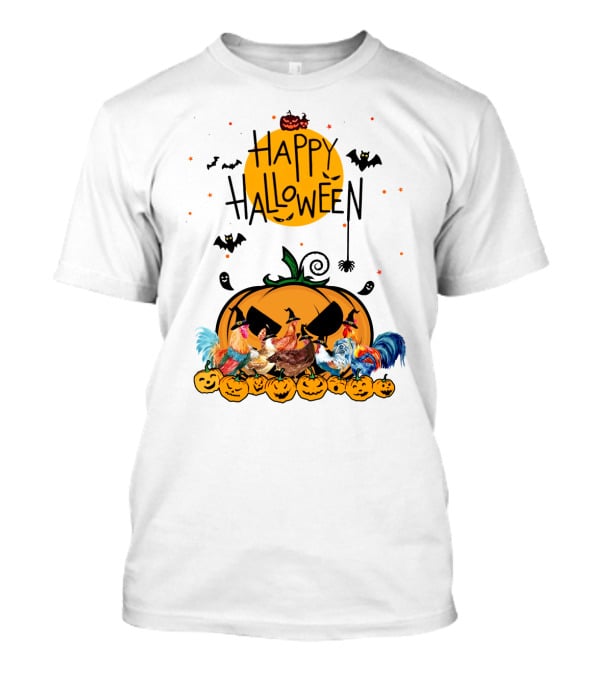 Happy Halloween Chickens With Spooky Pumpkin And Bats T-Shirt