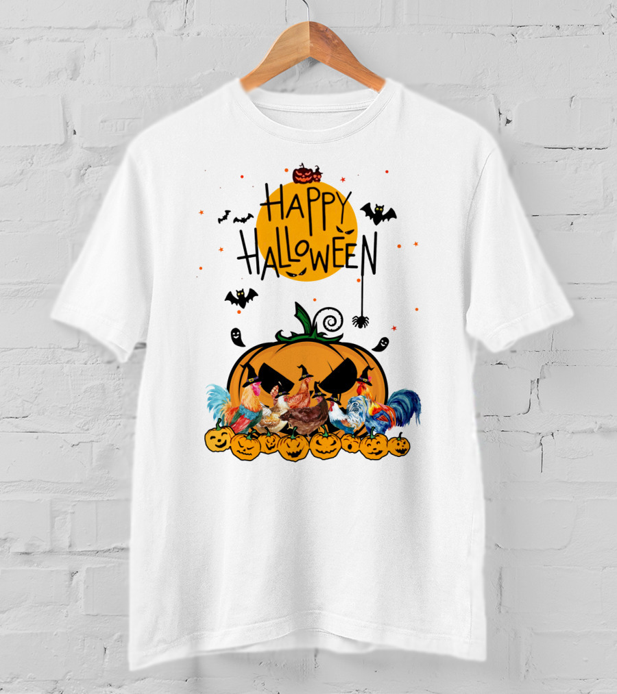 Happy Halloween Chickens With Spooky Pumpkin And Bats T-Shirt