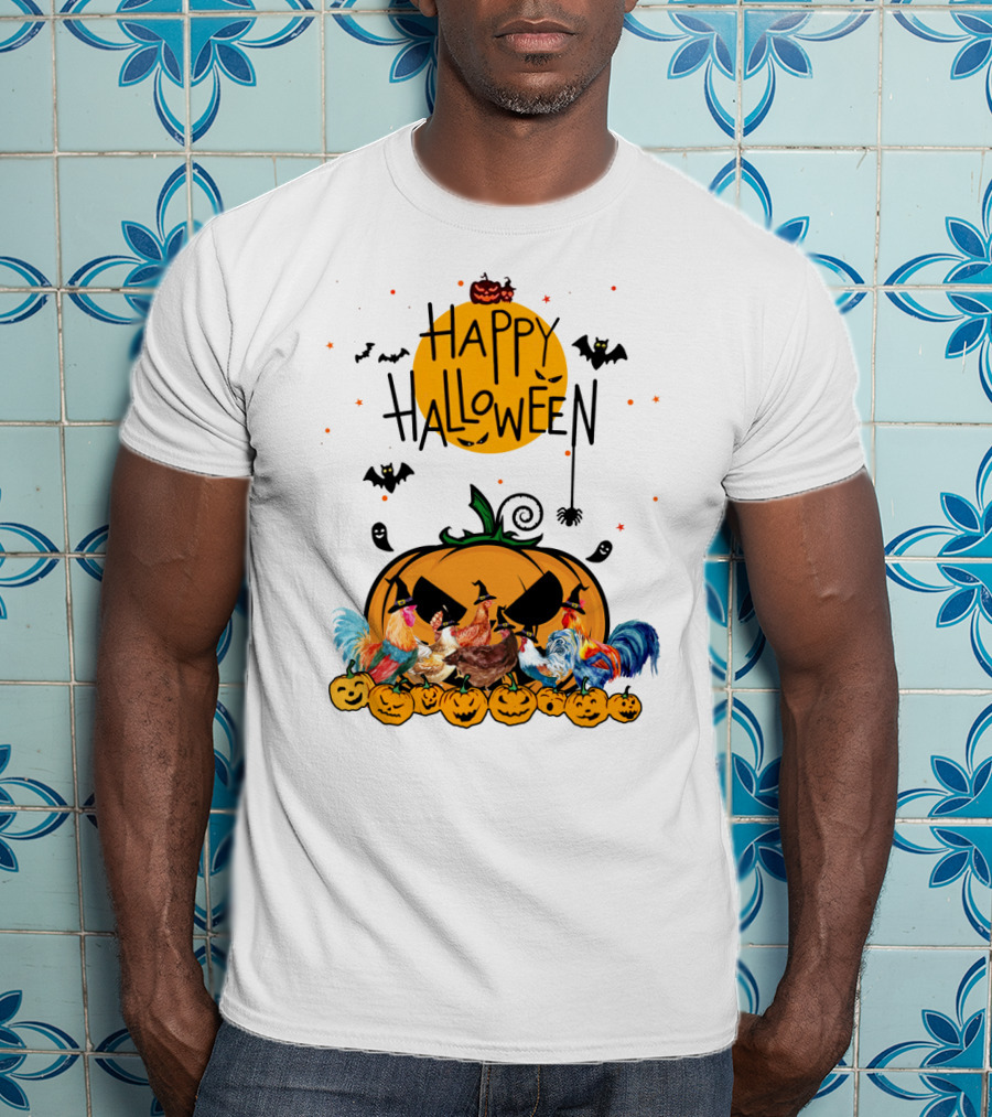 Happy Halloween Chickens With Spooky Pumpkin And Bats T-Shirt